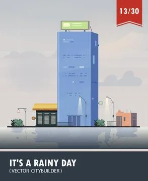 Vector set of Cityscape with building. Vector cartoon illustration of rainy Stock Illustration