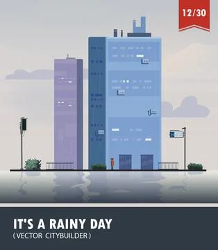 Vector set of Cityscape with building. Vector cartoon illustration of rainy Stock Illustration