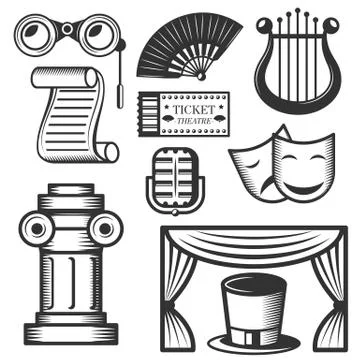 Vector set of classic theater isolated icons. Black and white theater symbols Stock Illustration