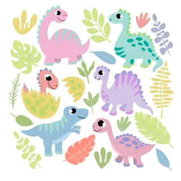 Vector set of clip arts with funny dinosaurs, leaves in cartoon style. For Stock Illustration