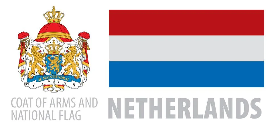 Vector set of the coat of arms and national flag of Netherlands Stock Illustration