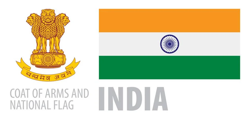 Vector set of the coat of arms and national flag of India Illustrazione stock