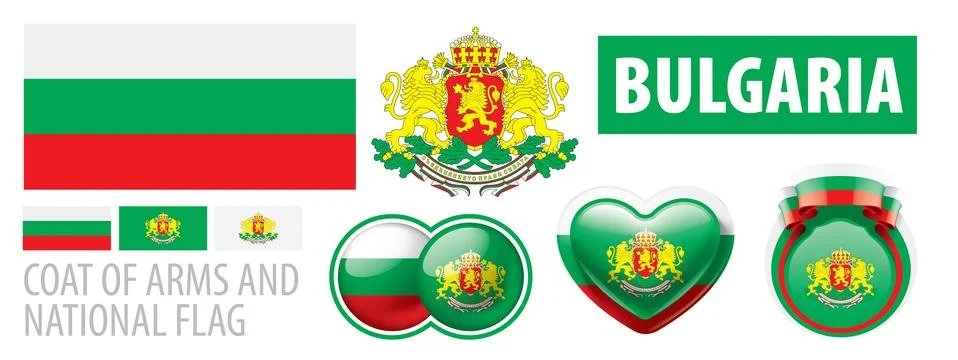 Vector set of the coat of arms and national flag of Bulgaria Stock Illustration