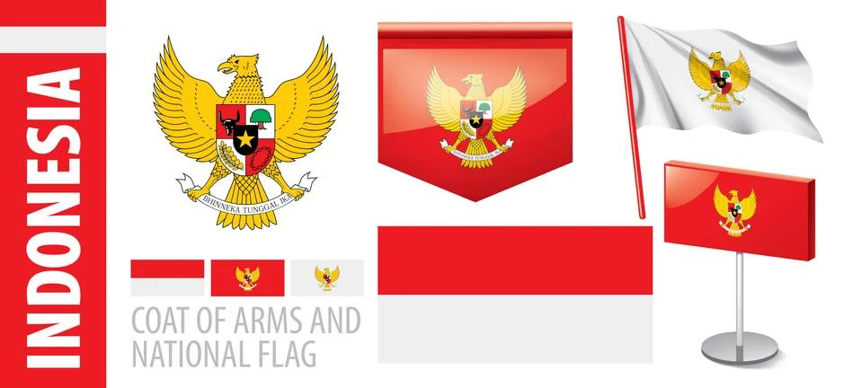 Vector set of the coat of arms and national flag of Indonesia Illustrazione stock