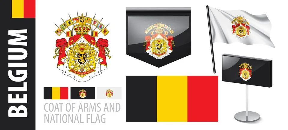 Vector set of the coat of arms and national flag of Belgium Illustrazione stock