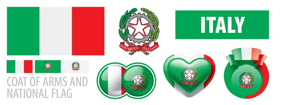 Vector set of the coat of arms and national flag of Italy Illustrazione stock