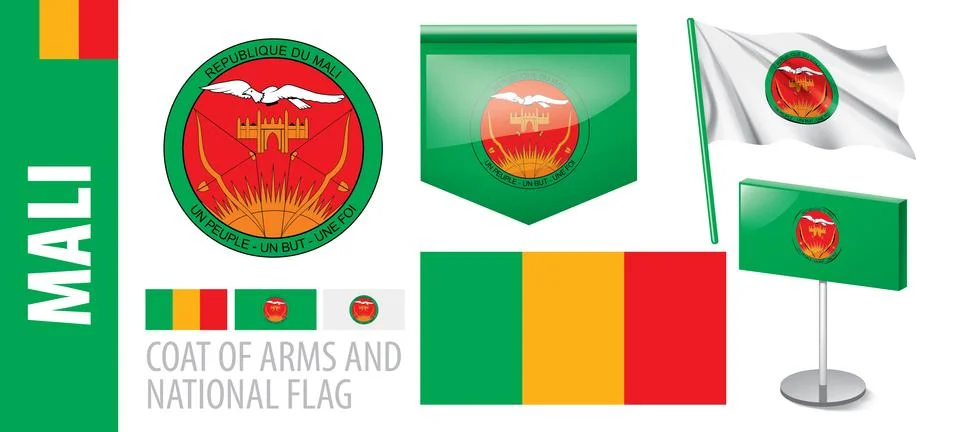 Vector set of the coat of arms and national flag of Mali Stock Illustration