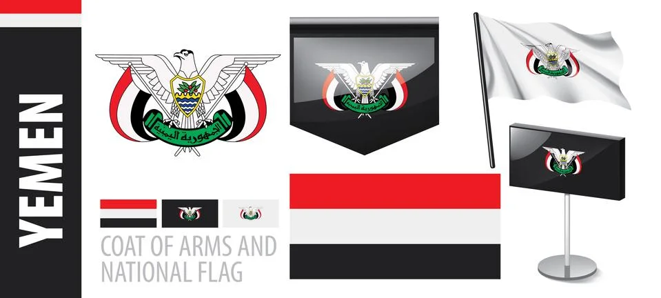Vector set of the coat of arms and national flag of Yemen Illustrazione stock