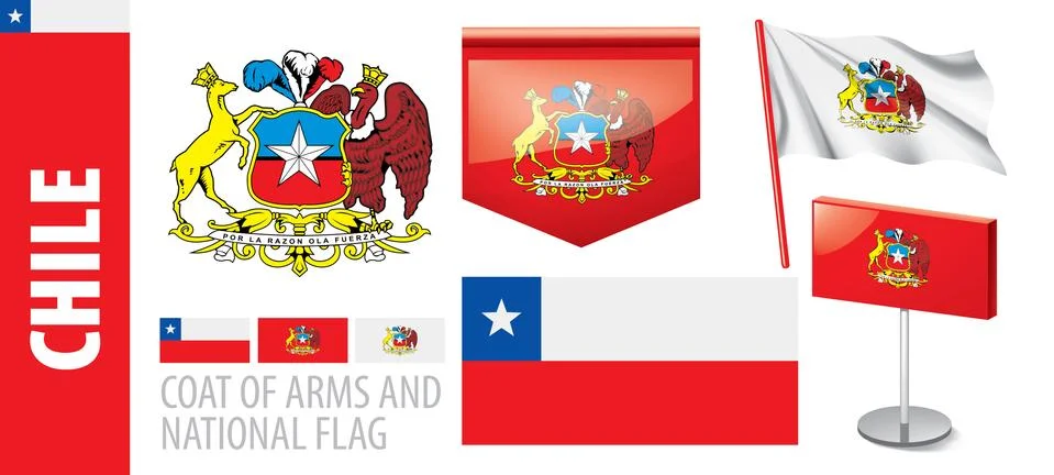 Vector set of the coat of arms and national flag of Chile Stock Illustration