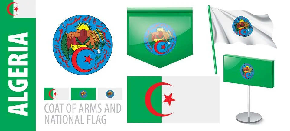 Vector set of the coat of arms and national flag of Algeria Stock Illustration