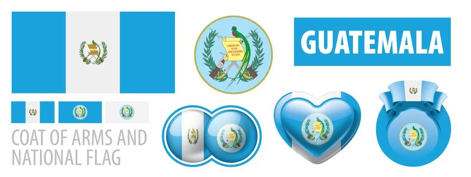 Vector set of the coat of arms and national flag of Guatemala Illustrazione stock