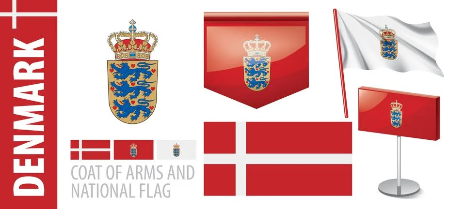 Vector set of the coat of arms and national flag of Denmark Illustrazione stock