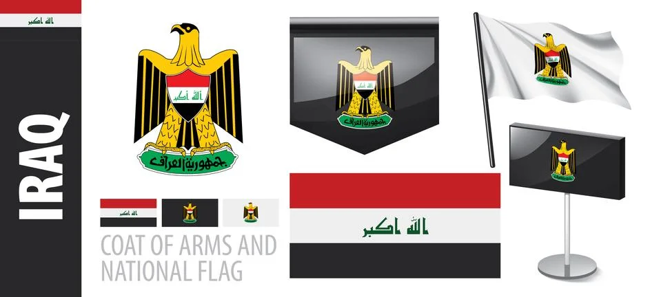 Vector set of the coat of arms and national flag of Iraq Illustrazione stock