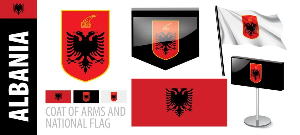 Vector set of the coat of arms and national flag of Albania Illustrazione stock