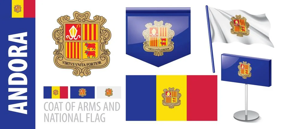 Vector set of the coat of arms and national flag of Andorra Illustrazione stock