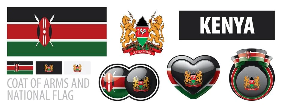 Vector set of the coat of arms and national flag of Kenya Illustrazione stock