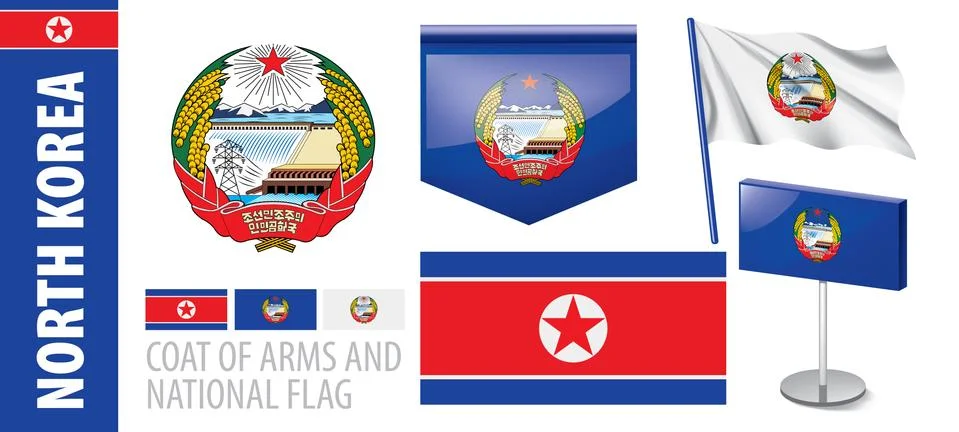 Vector set of the coat of arms and national flag of North Korea Illustrazione stock