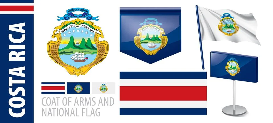Vector set of the coat of arms and national flag of Costa Rica Stock Illustration