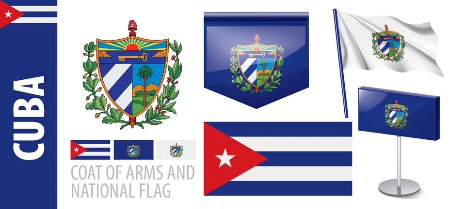 Vector set of the coat of arms and national flag of Cuba Illustrazione stock