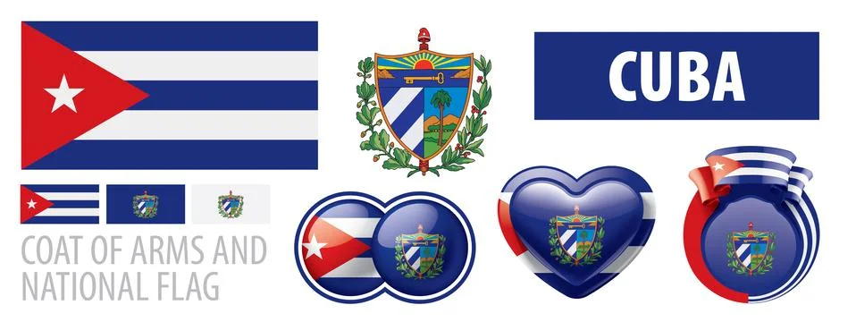 Vector set of the coat of arms and national flag of Cuba 스톡 일러스트