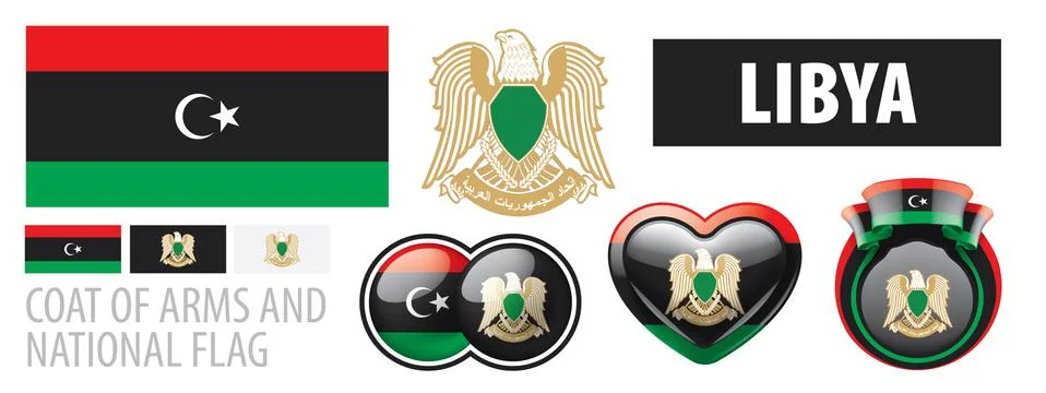 Vector set of the coat of arms and national flag of Libya Stock Illustration