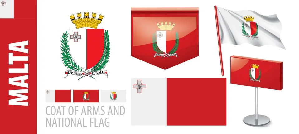 Vector set of the coat of arms and national flag of Malta Illustrazione stock