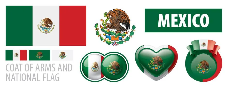 Vector set of the coat of arms and national flag of Mexico 스톡 일러스트
