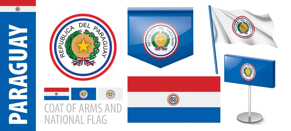 Vector set of the coat of arms and national flag of Paraguay Illustrazione stock