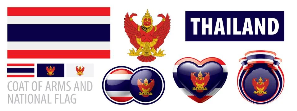 Vector set of the coat of arms and national flag of Thailand Illustrazione stock