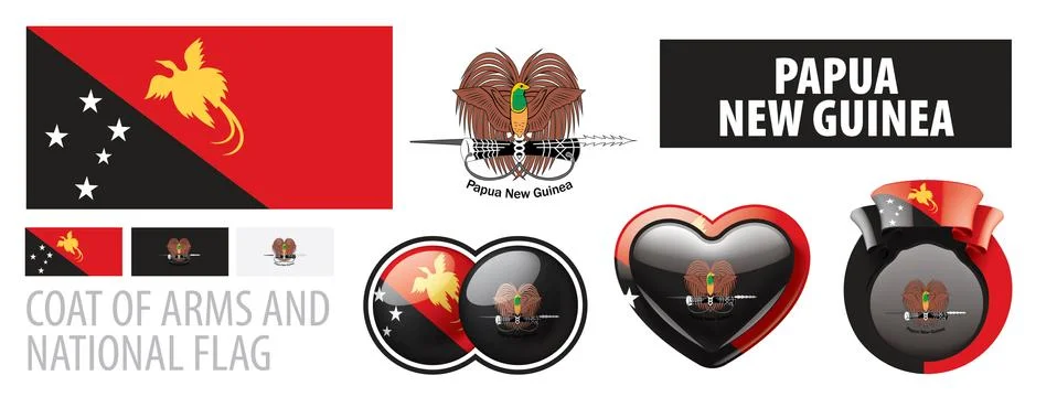 Vector set of the coat of arms and national flag of Papua New Guinea Illustrazione stock
