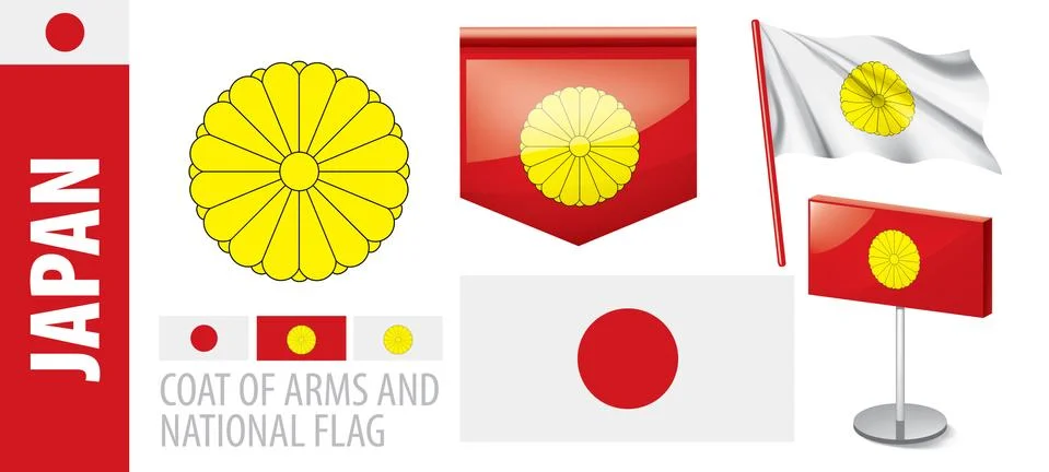 Vector set of the coat of arms and national flag of Japan Illustrazione stock