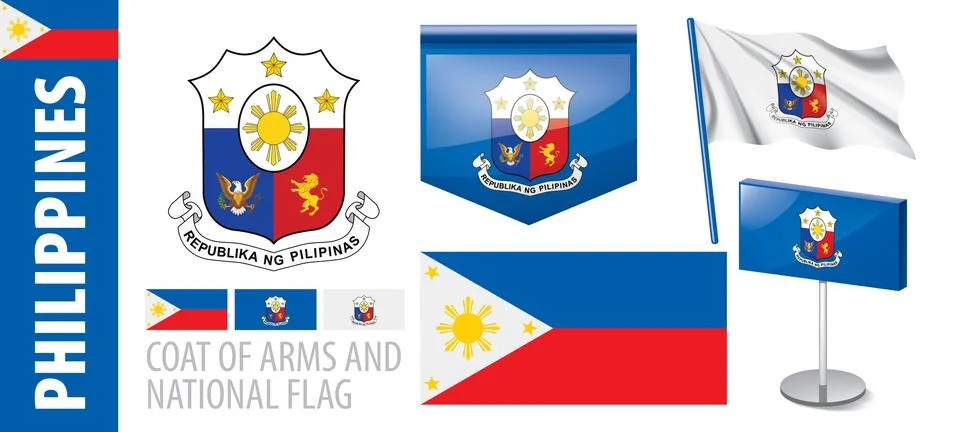 Vector set of the coat of arms and national flag of Philippines Stock Illustration