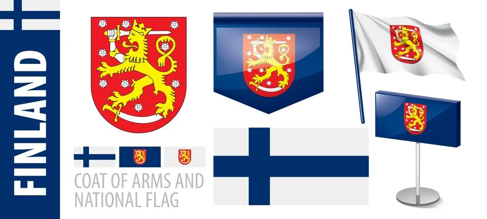 Vector set of the coat of arms and national flag of Finland Stock Illustration