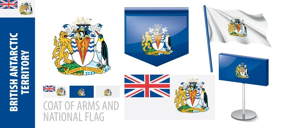 Vector set of the coat of arms and national flag of British Antarctic Territory Illustrazione stock