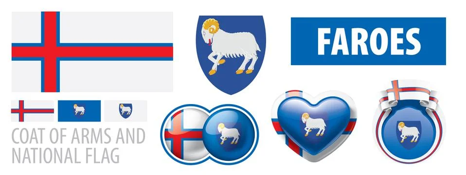 Vector set of the coat of arms and national flag of Faroe Islands Illustrazione stock