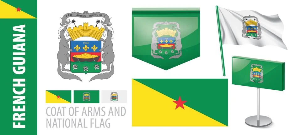 Vector set of the coat of arms and national flag of French Guiana Stock Illustration