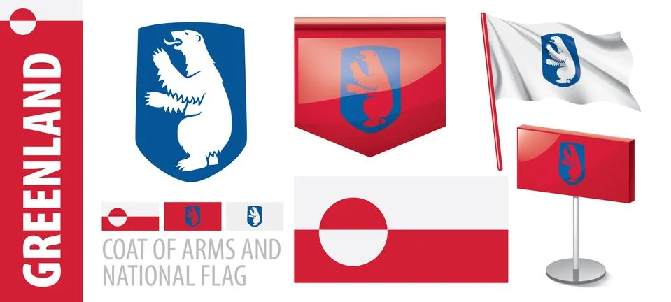 Vector set of the coat of arms and national flag of Greenland Illustrazione stock