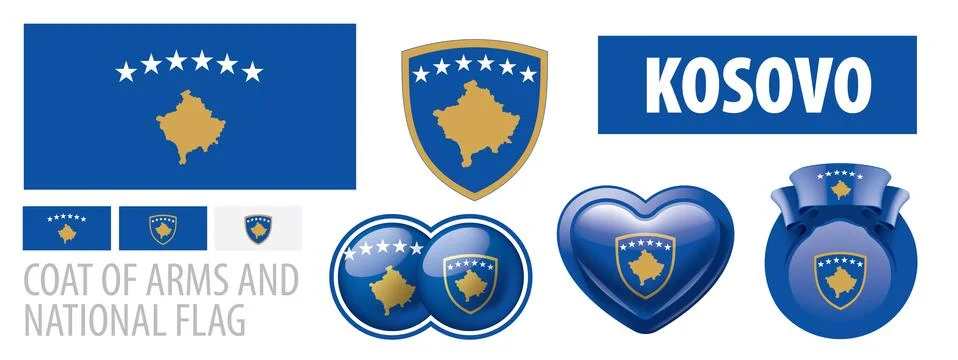 Vector set of the coat of arms and national flag of Kosovo Illustrazione stock