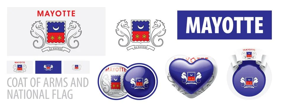 Vector set of the coat of arms and national flag of Mayotte Illustrazione stock