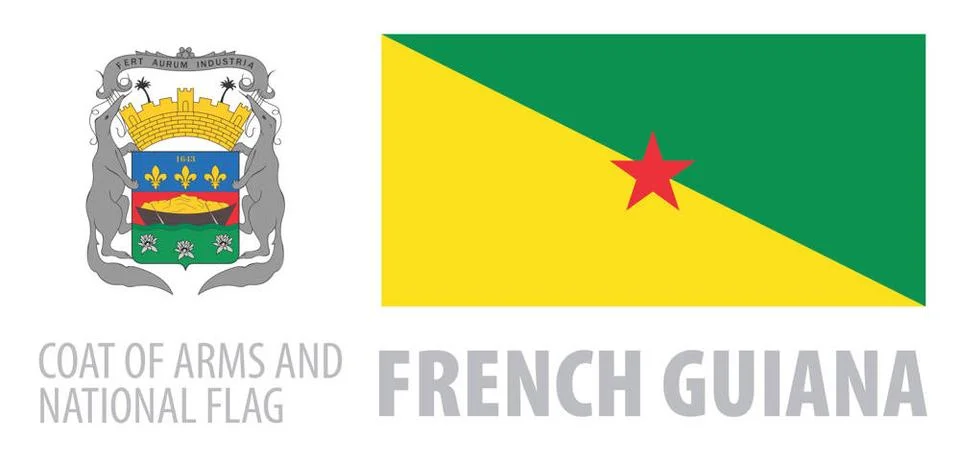 Vector set of the coat of arms and national flag of French Guiana Vector s... Stock Photos
