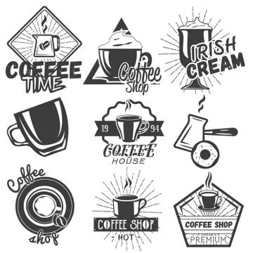 Vector set of coffee and cafe labels in vintage style. Design elements, emblems Stock Illustration