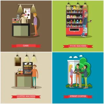 Vector set of coffee, cash concept design elements, flat style Stock Illustration
