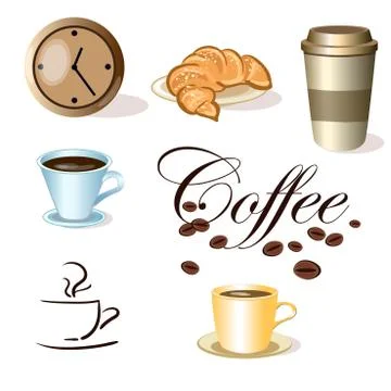 Vector set of coffee cups, clock and Croissant isolated Stock Illustration