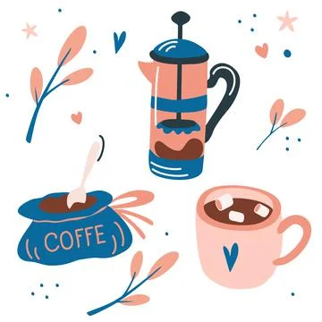 Vector set with coffee drinks. French press, a cup of marshmallow coffee and Stock Illustration