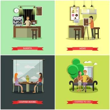 Vector set of coffee house concept design elements, flat style Stock Illustration