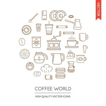Vector Set of Coffee Modern Flat Thin Icons Inscribed in Round Shape Stock Illustration