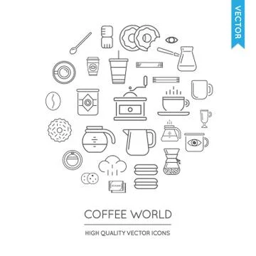 Vector Set of Coffee Modern Flat Thin Icons Inscribed in Round Shape Stock Illustration