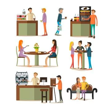 Vector set of coffee room design elements in flat style Stock Illustration