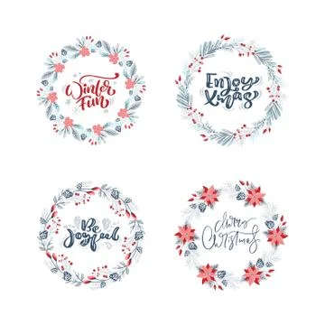 Vector set collection of hand drawn Christmas wreaths with xmas text. Fir 스톡 일러스트