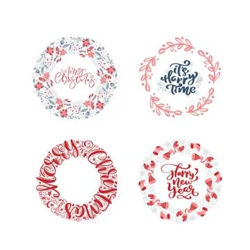 Vector set collection of hand drawn Christmas wreaths with xmas text. Fir Illustrazione stock